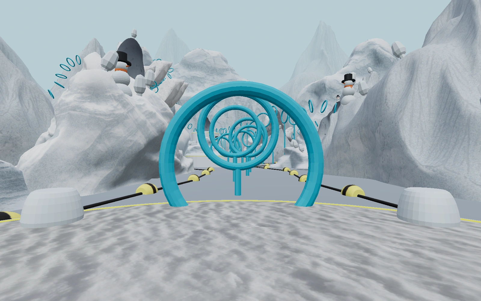 Ice Rings practice map with blue rings winding through snowy mountains